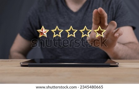 A 3D rendered five stars icon hovering in mans hand