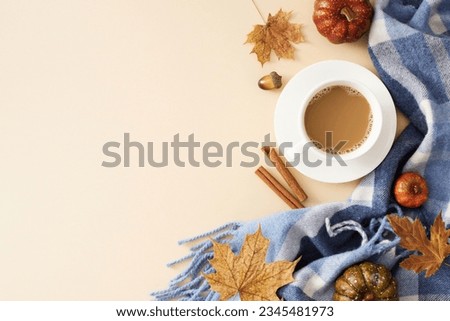 Cozy up to fall at home. Top view photo of coffee mug, warm blanket, cinnamon sticks, pumpkins, acorns, dry maple leaves on pastel beige background with empty space for promo or text