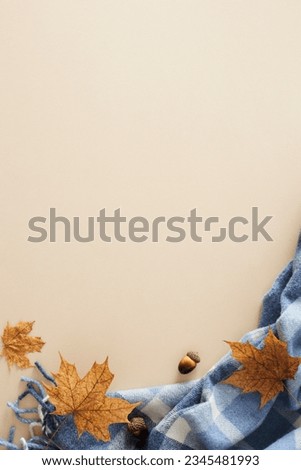 Enchanting fall aesthetic concept. Top view vertical arrangement of warm blanket, acorns, autumn maple leaves on pastel beige background with empty space for promo or message