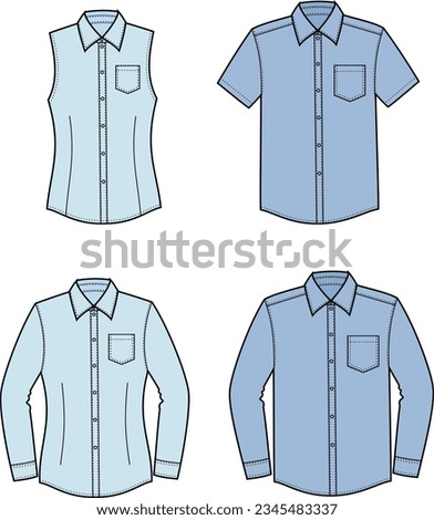 Classic shirt long and short sleeve flat sketch. Business wear apparel design. Men women CAD mockup. Technical drawing template. Vector illustration. Royalty-Free Stock Photo #2345483337