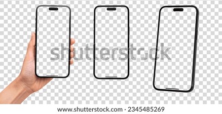 Hand holding smart phone 14 Mockup and screen Transparent and Clipping Path isolated for Infographic Business web site design app Royalty-Free Stock Photo #2345485269