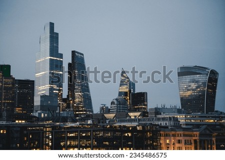 A stunning view of the London skyline, with tall office buildings