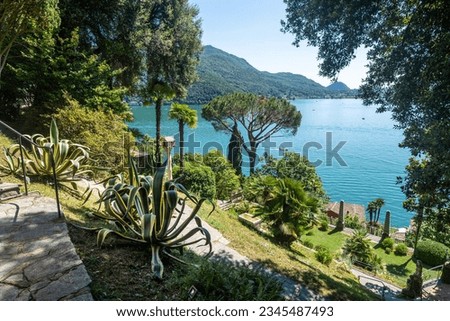 The beautiful Scherrer Park in Morcote, full of exquisite subtropical flora on the lakefront of Lugano Lake, Switzerland Royalty-Free Stock Photo #2345487493