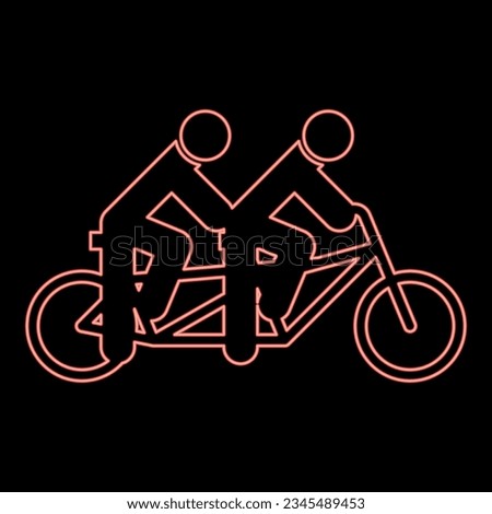 Neon two people on tandem bicycle ride together bike team concept riding travel red color vector illustration image flat style