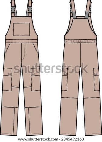 Work overall jumpsuit flat sketch. Working overall apparel design. Front and back. Men CAD mockup. Technical drawing template. Vector illustration. Royalty-Free Stock Photo #2345492163