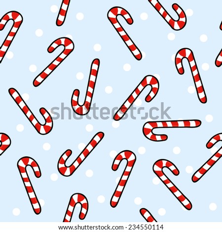 Christmas candy cane with red striped and snow, seamless pattern