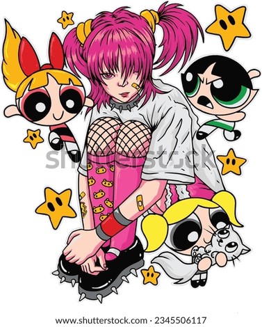 anime with power puff girl vector illustration Royalty-Free Stock Photo #2345506117
