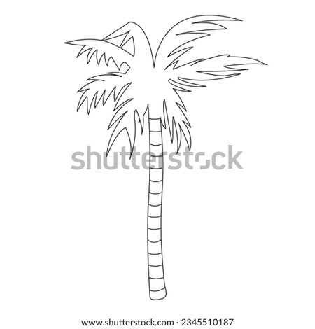 Palm tree sketch. Tropical beach tree. Palm leaves. Outline exotic plant. Linear botany. Tree trunk. isolated object. Drawn. Nature. Vector illustration.