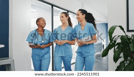 Talking nurses, walking and documents in hospital teamwork, diversity collaboration or bonding on surgery or clinic break. Smile, happy and healthcare women with medical research, paper or funny joke