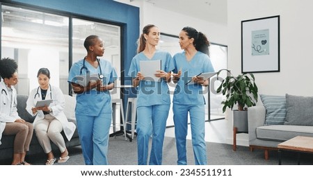 Talking nurses, walking and documents in hospital teamwork, diversity collaboration or bonding on surgery or clinic break. Smile, happy and healthcare women with medical research, paper or funny joke Royalty-Free Stock Photo #2345511911