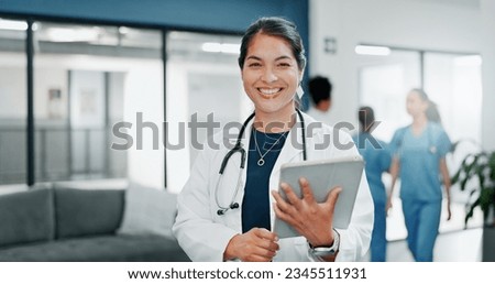 Happy woman or doctor face in busy hospital with tablet for healthcare services, leadership and career mindset. Portrait of medical professional or female on telehealth app for clinic job management Royalty-Free Stock Photo #2345511931