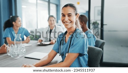 Woman, face or nurse in hospital meeting for medical planning, life insurance medicine or treatment training. Smile, happy or healthcare worker portrait in teamwork, collaboration or clinic diversity Royalty-Free Stock Photo #2345511937