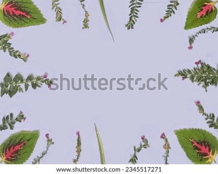 Floral frame made of leaves and flowers isolated on lavender background. Green leaves, purple flowers. Assorted leaves and flowers border with copy space. Floral card design. Top view, flat lay