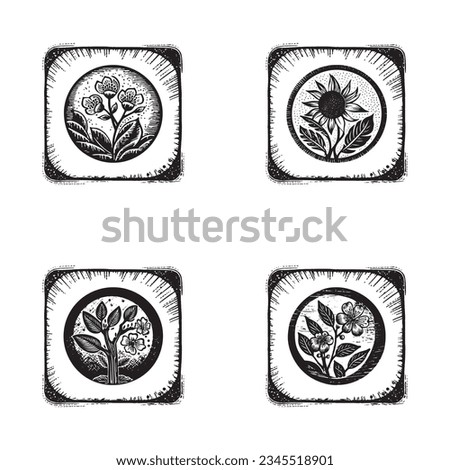 Nordic linocut floral in rustic frame motif for quirky logo set. Hand drawn botanical graphic in retro scandi style design collection.