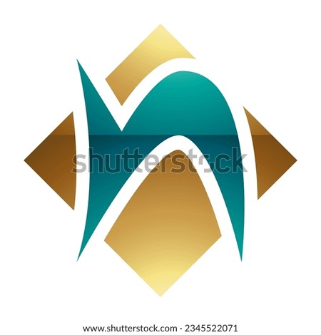 Persian Green and Gold Glossy Letter N Icon with a Square Diamond Shape on a White Background
