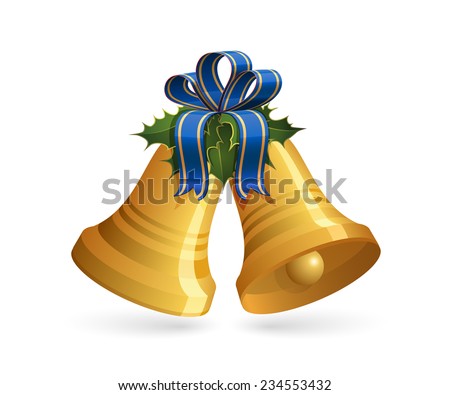 Christmas bells with blue bow and holly. Vector illustration