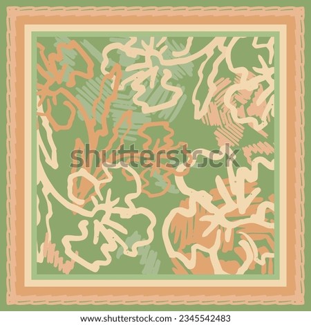 Green and beige neck scarf with abstract flowers. Vector design for neckerchief, carpet, kerchief, bandana, shawl, tablecloth. Vintage floral pattern with frame. Royalty-Free Stock Photo #2345542483