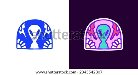 Alien, sunflower, and comet emblem, illustration for logo, t-shirt, sticker, or apparel merchandise. With doodle, retro, groovy, and cartoon style.