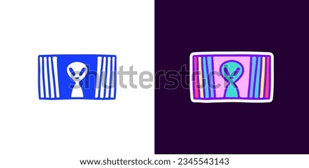 Alien in broken screen, illustration for logo, t-shirt, sticker, or apparel merchandise. With doodle, retro, groovy, and cartoon style.