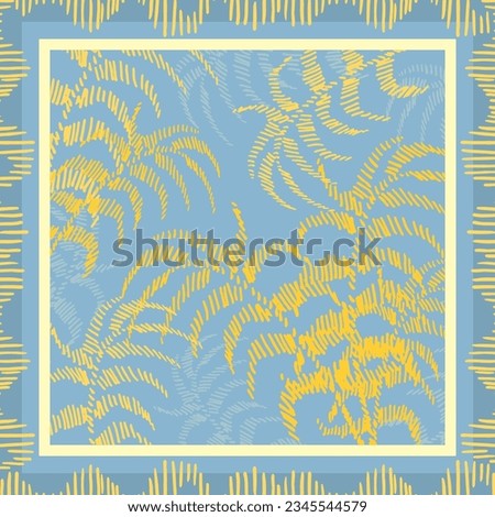 Blue and yellow bandana with striped palm branch. Vector design for  neck scarf, neckerchief, carpet, kerchief, bandana, shawl. Tropical floral pattern with frame. Royalty-Free Stock Photo #2345544579