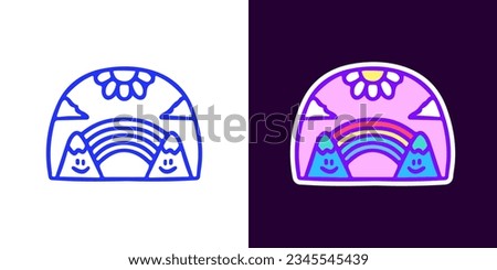 Two mountains with rainbow in the middle landscape, illustration for logo, t-shirt, sticker, or apparel merchandise. With doodle, retro, groovy, and cartoon style.
