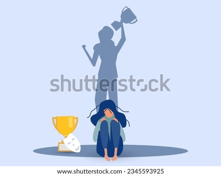 Imposter syndrome.woman standing for her present profile with fear shadow behind. Anxiety and lack of self confidence at work; the person fakes is someone else concept Royalty-Free Stock Photo #2345593925