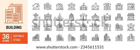Building editable stroke outline Icons set. House, office, hospital, bank, university, school, hotel, shop, government, shopping mall and buildings. Vector illustration Royalty-Free Stock Photo #2345611531