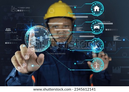Electric power Industry with electrical engineer using virtual control panel touch on smart grid. Industrial and smart city network. Renewable Energy Smart Grid Technology electrical engineering Royalty-Free Stock Photo #2345612141