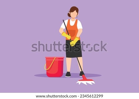 Character flat drawing cleaning company staff to work with the equipment. Beautiful woman with buckets and mops. Domestic cleaner worker and cleaners job equipment. Cartoon design vector illustration