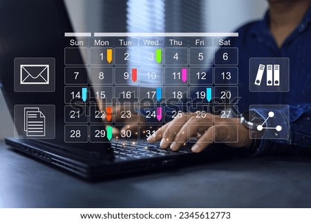 Reminder appointment calendar for organizer agenda time table and event planner organize and schedule activity. Businessman with calendar or meeting schedule marking color note target date appointing Royalty-Free Stock Photo #2345612773