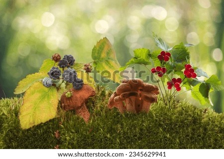 Forest pictures with mushrooms, snails and plants
