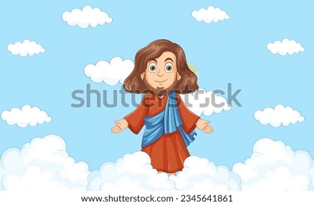 Jesus is depicted with a halo in a cloudy sky background in a vector cartoon illustration style