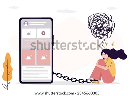 Businesswoman sitting near mobile phone attached by chain to leg. Unhappy female character with digital addiction. Woman need digital detox. Problems of cyber dependence. Mental burden. flat vector Royalty-Free Stock Photo #2345660305