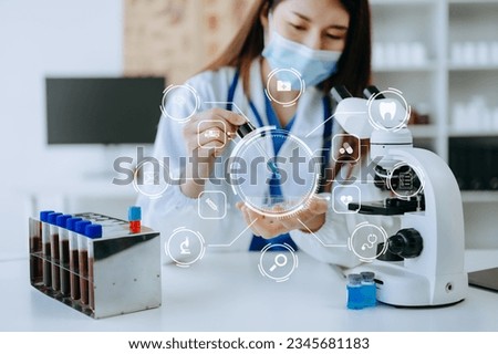 DNA molecule testing concepts. The doctor in a mask examines DNA molecules on the chemical laboratory with virtual icon


