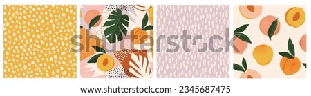 Collage contemporary peach, leaves and  polka dot shapes seamless pattern set. Modern exotic design for paper, cover, fabric, interior decor and other users. Royalty-Free Stock Photo #2345687475