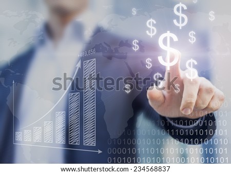 Businessman presenting financial analysis with charts generated by big data displaying international success and dollar signs Royalty-Free Stock Photo #234568837