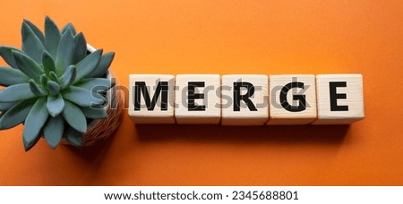 Merge symbol. Wooden cubes with word Merge. Beautiful orange background with succulent plant. Business and Merge concept. Copy space.