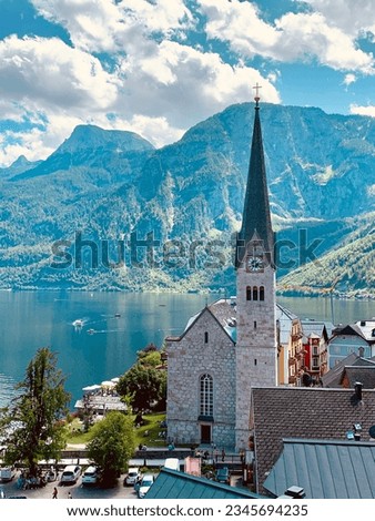 A photograph of the Evangelical Church in Hallstatt, Austria. 