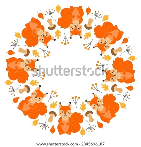 Vector round frame with cute squirrels, mushrooms, twigs and leaves in cartoon style. Forest animals and plants. Autumn in the forest. Space for text.