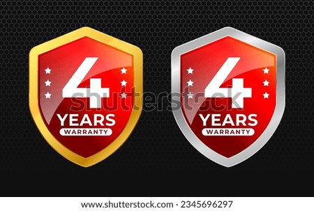 4 years warranty with glossy gold and silver vector shield shape. for label, seal, stamp, icon, logo, badge, symbol, sticker, button