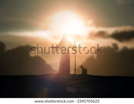 Shepherd Jesus Christ leading the flock and praying to Jehovah God and bright light sun and Jesus silhouette background in the field
