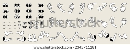 Set of 70s groovy comic faces vector. Collection of cartoon character faces, leg, hand in different emotions happy, angry, sad, cheerful. Cute retro groovy hippie illustration for decorative, sticker. Royalty-Free Stock Photo #2345711281