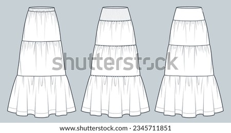 Set of Tiered Skirts technical fashion illustration. Maxi Skirt with different waistband fashion flat technical drawing template, rib, zipper, elastic band, front view, white, women CAD mockup set. Royalty-Free Stock Photo #2345711851