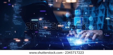 Analysts use computers to analyze statistical data to improve targeted digital online marketing strategies for a business advantage. Data Science Software Developer. Royalty-Free Stock Photo #2345717223