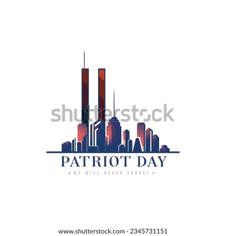 911 Patriot Day, New York skyline. NYC card design. 2 red stripes in form of twin towers. Design template for background, banner, card. Royalty-Free Stock Photo #2345731151