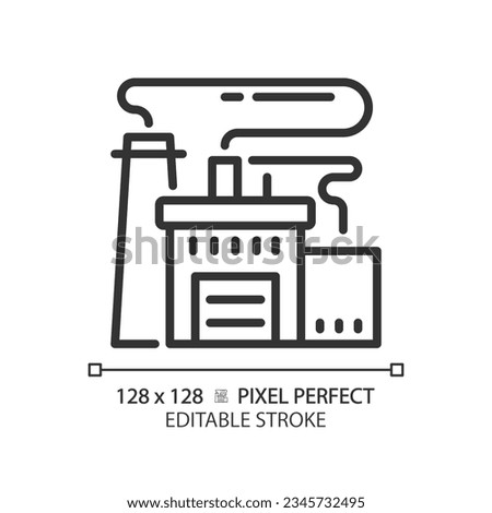 2D pixel perfect editable black factory icon, isolated vector, building thin line illustration.
