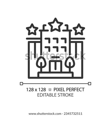 2D pixel perfect editable black hotel icon, isolated vector, building thin line illustration.