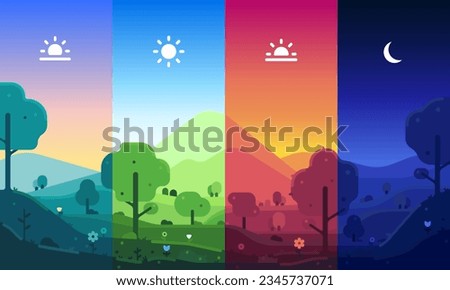 Landscape illustration of four times of day with icons. Dawn, noon, sunset, midnight. Icons of the time of day. Four illustrations in one Royalty-Free Stock Photo #2345737071