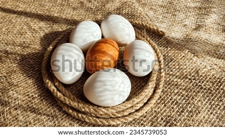 Many white eggs and one brown egg on rag jute cloth. Concept of individuality, exclusivity. Bullying, group and confrontation. Leadership and confidence. Agricultural Production of eggs, incubator