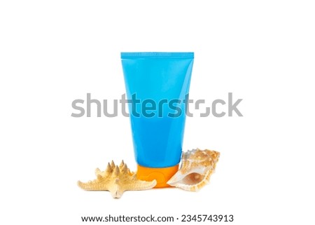 Sunscreen isolated on white background. Jar, cosmetic tube with SPF cream. The concept of skin care and protection from ultraviolet rays. Photoaging. Choice of sunscreen. Vacation.